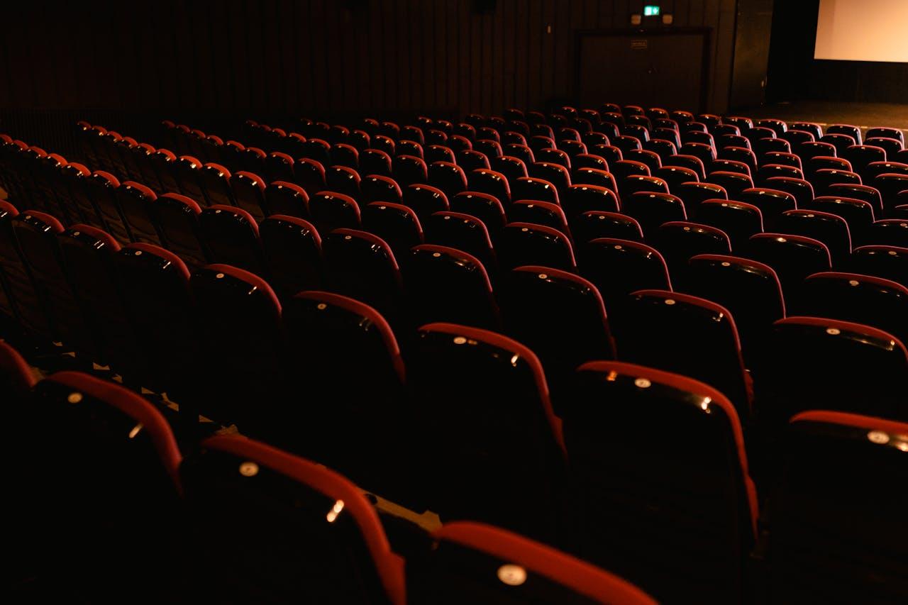 Empty movie theater seats in the dark.